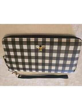 Claire's Black White Plaid Wallet Wristlet With Bumblebee On Front NEW!